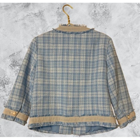 C Wonder Christian Siriano Blue Plaid Tweed Jacket Tan Trim Gold Button Large - Picture 3 of 7